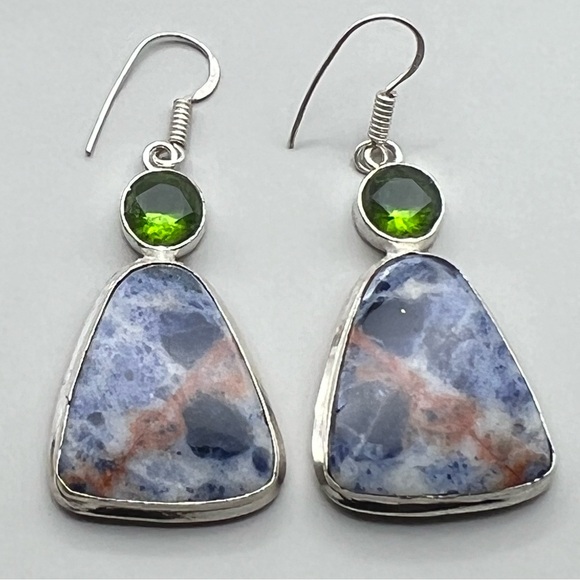 New Sodalite Stone Silver Overlay Hook Earrings - Picture 3 of 9